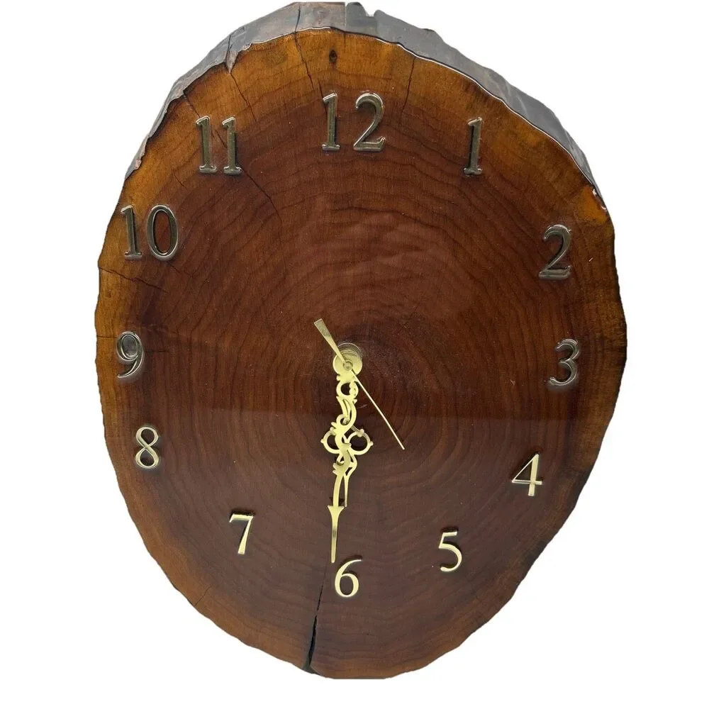 Vintage Handmade Wood Slice Slab Clock Lacquered WORKS ‼️Read Desc‼️